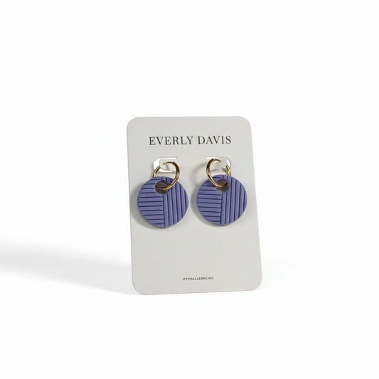 Everly Davis lavender round woven texture earrings with gold-tone hoops. Hypoallergenic.