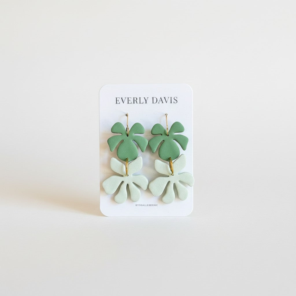 Everly Davis Leah leaf motif earrings in two shades of green, crafted from lightweight clay.