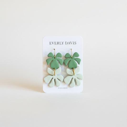 Everly Davis Leah leaf motif earrings in two shades of green, crafted from lightweight clay.