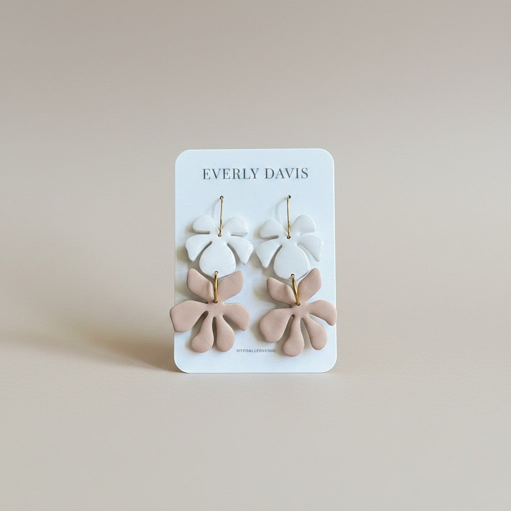 Everly Davis Leah leaf motif earrings in white and tan clay, lightweight and hypoallergenic.