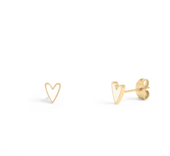 Everly Davis mini white heart stud earrings made from 316L surgical-grade stainless steel.