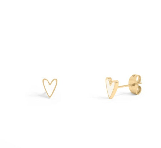 Everly Davis mini white heart stud earrings made from 316L surgical-grade stainless steel.