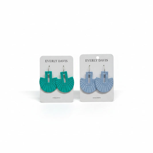 Everly Davis Myra earrings in teal and light blue. Handcrafted clay fan-shaped earrings with artisan details.