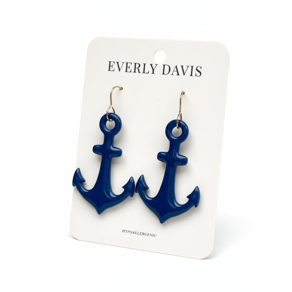 Everly Davis navy blue anchor dangle earrings with hypoallergenic ear wires.