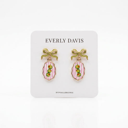 Everly Davis gold-tone earrings with green bows and oval pendants featuring pink stripes and green olives.