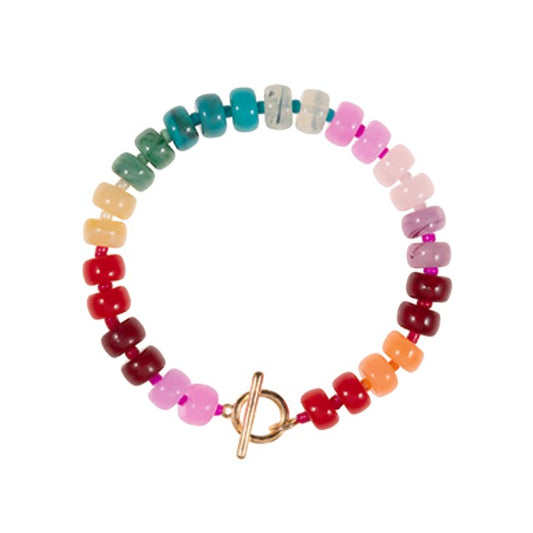 Everly Davis flat bead ombre bracelet with gradient colors from green to pink and a gold toggle clasp.