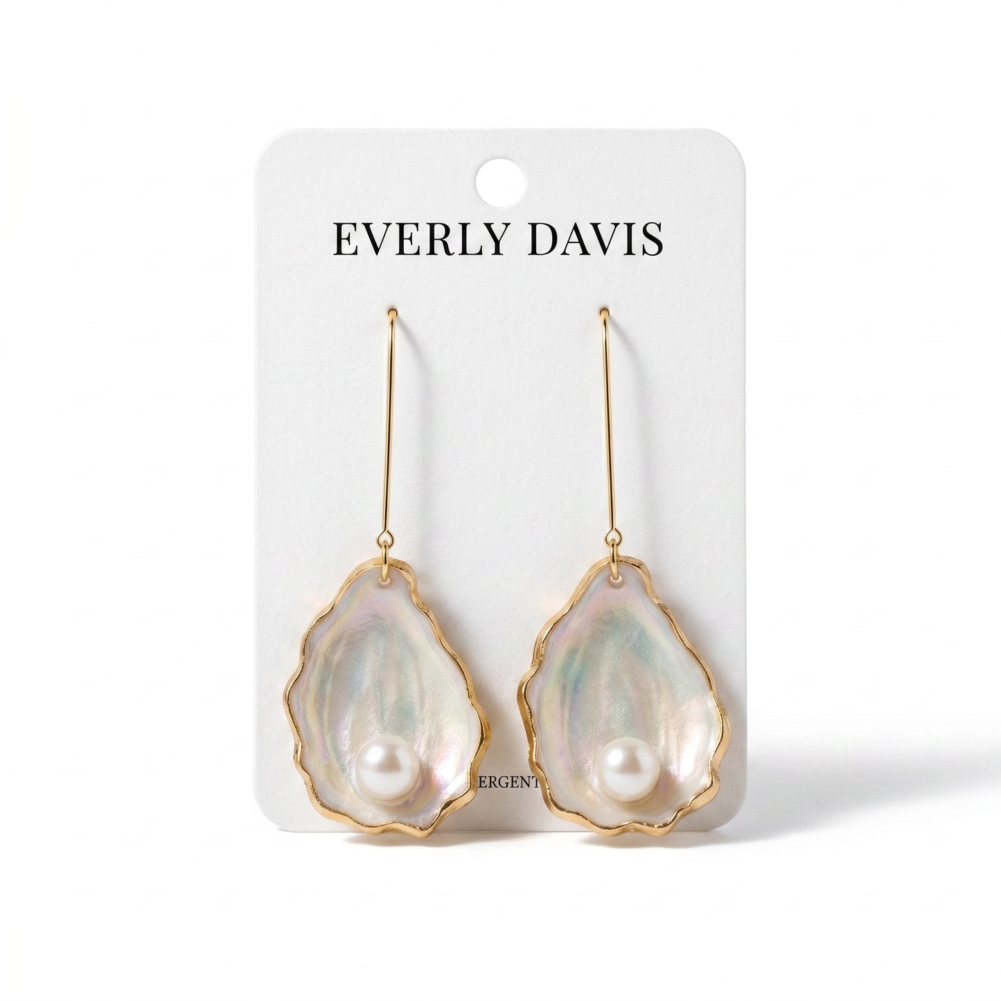 Everly Davis handmade oyster shell earrings with clay pearls, featuring iridescent blues, greens, and purples.