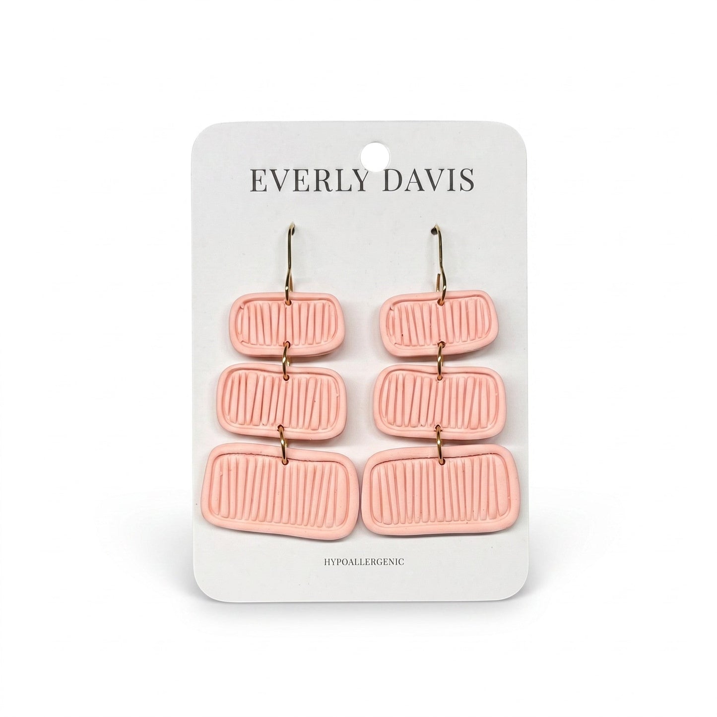 Everly Davis Pammi pink clay dangle earrings with a textured, stacked rectangular design. Hypoallergenic.