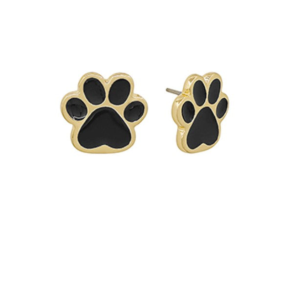 Everly Davis gold and black paw print stud earrings, 1/2 inch, metal with post backs.