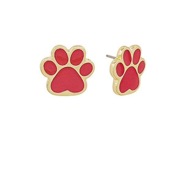 Everly Davis gold-tone paw print stud earrings with red enamel detail. Petite 1/2" studs with post backs.