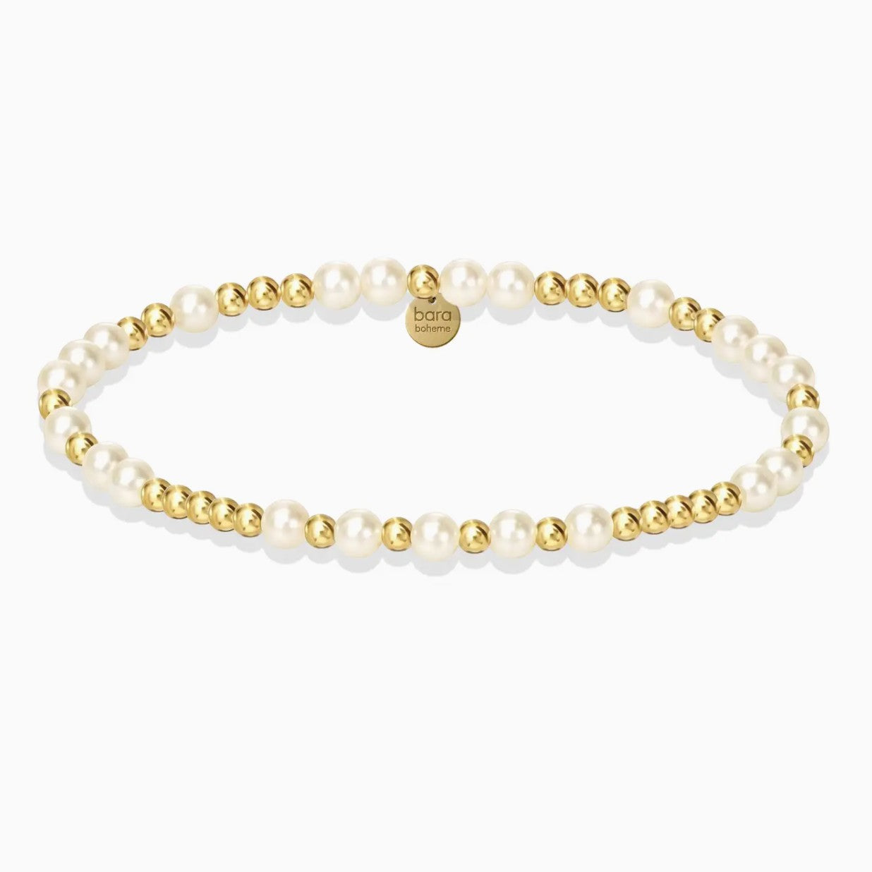 Everly Davis Emma Pearl Beaded Bracelet with 3mm gold-filled beads and pearls on stretch cord.