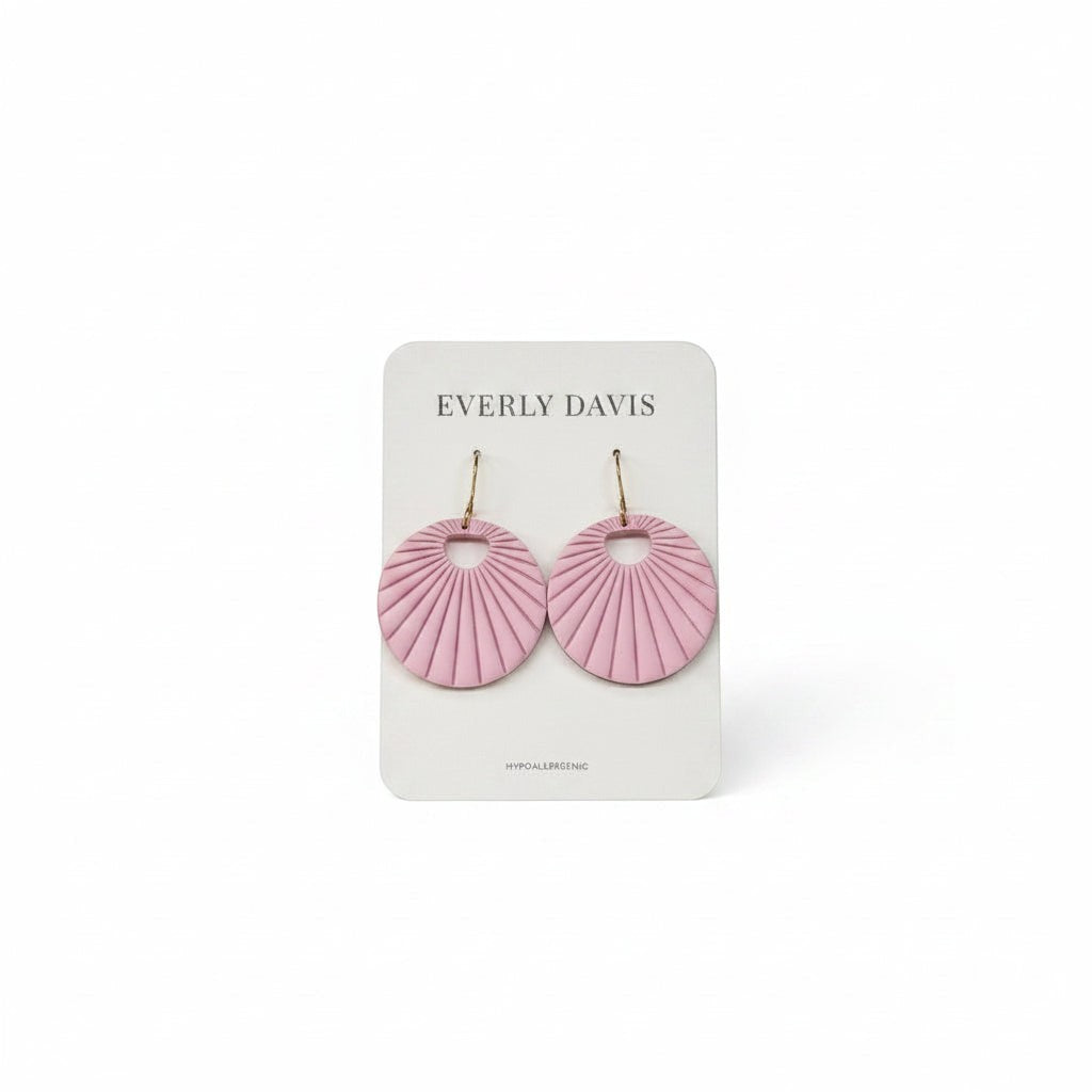 Everly Davis pink fan-shaped statement earrings with gold-plated hooks, made from polymer clay.