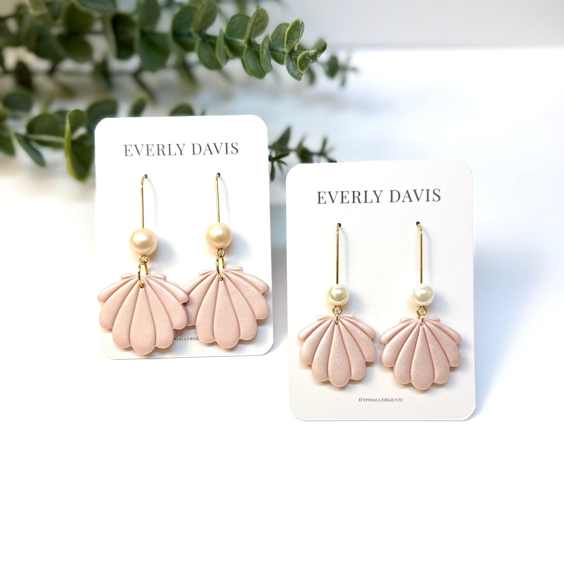 Everly Davis pink shell clay earrings with pearl accents. Hypoallergenic and lightweight.