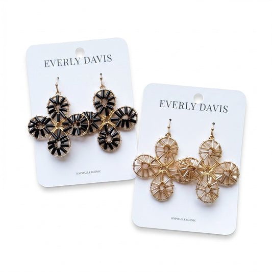 Everly Davis black and gold seedbead flower drop earrings with fish hook closure.