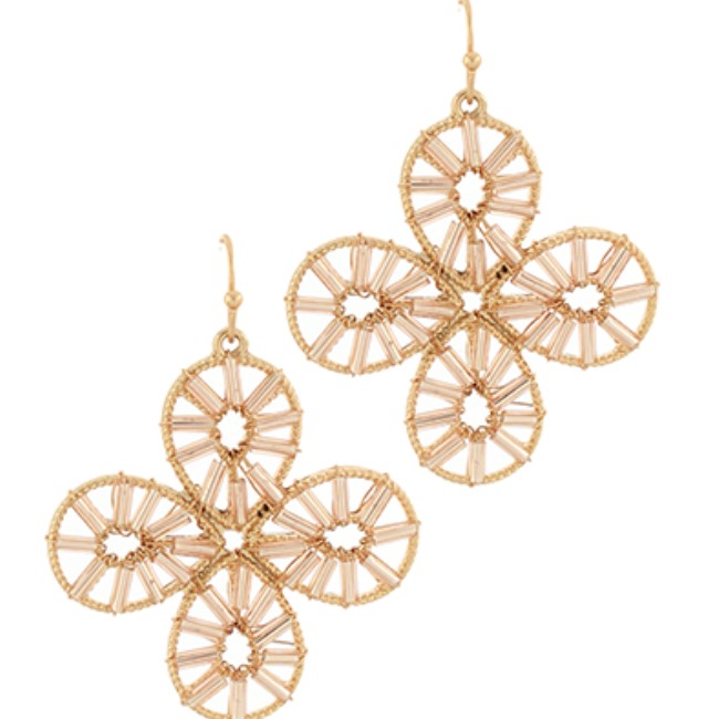 Everly Davis gold seedbead flower drop earrings with light peach beads and fish hook closure.