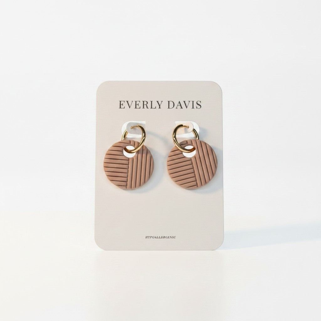 Everly Davis tan round woven texture earrings with gold-tone hoops. Hypoallergenic.