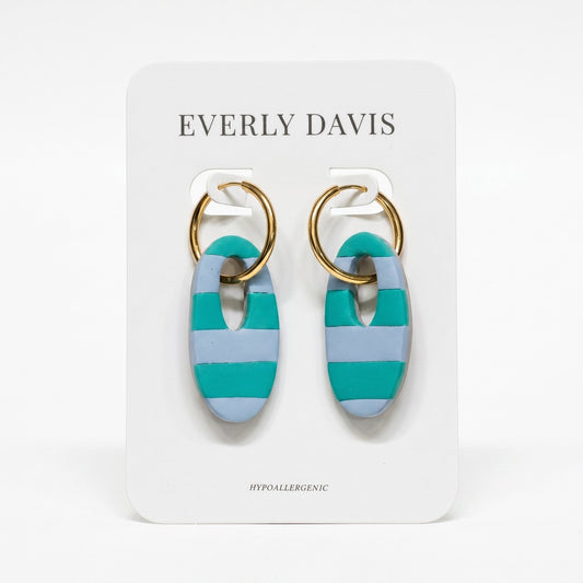 Everly Davis teal and blue striped oval drop earrings with gold hoops. Hypoallergenic and water resistant.