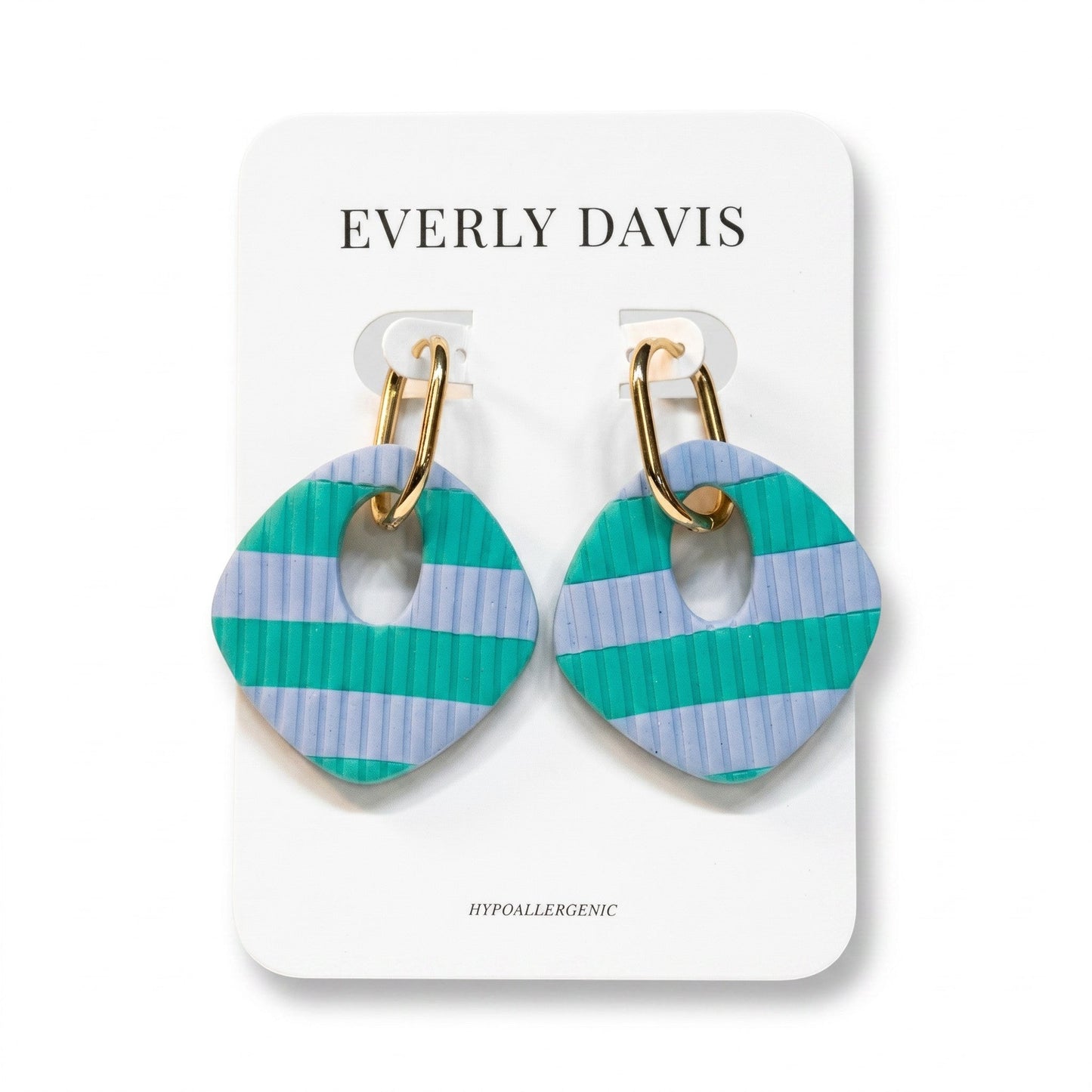 Everly Davis teal and blue striped hypoallergenic hoop earrings with gold hardware.