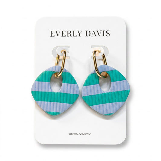 Everly Davis teal and blue striped hypoallergenic hoop earrings with gold hardware.