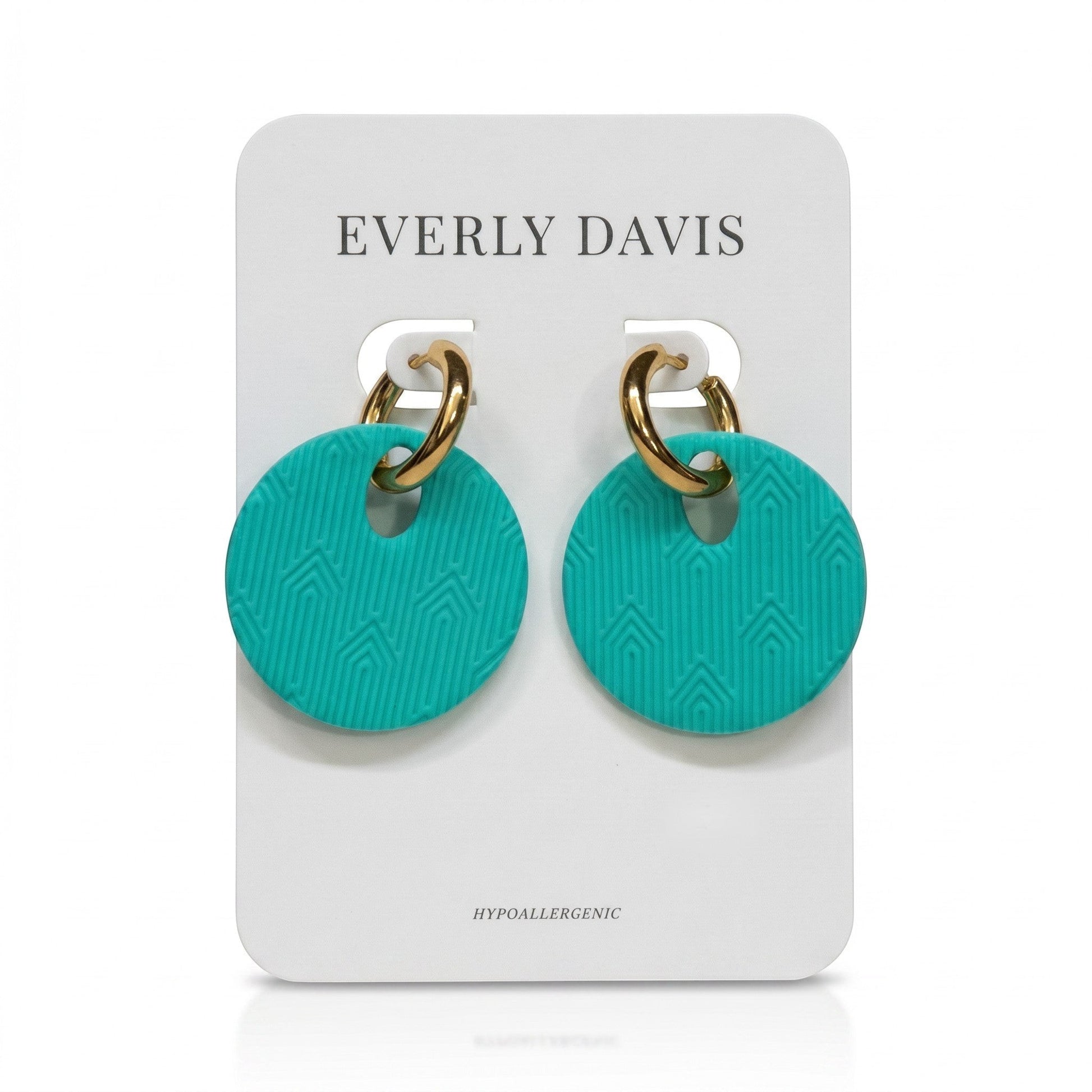 Everly Davis teal clay circle earrings with gold hoops and a geometric lined design. Hypoallergenic.
