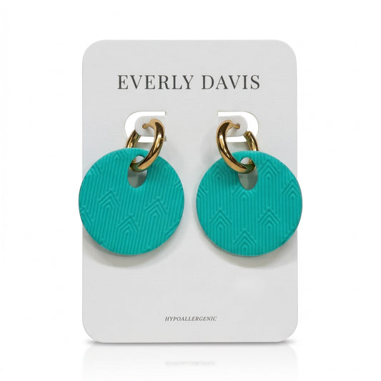 Everly Davis teal clay circle earrings with gold hoops and a geometric lined design. Hypoallergenic.