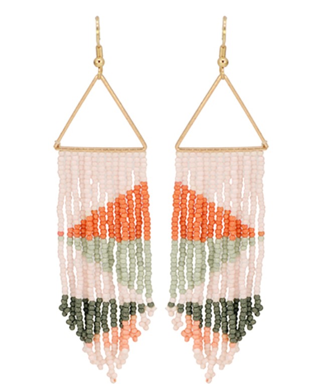 Everly Davis triangle and seed bead dangle earrings with geometric pattern in peach, coral, sage green, and dark gray.