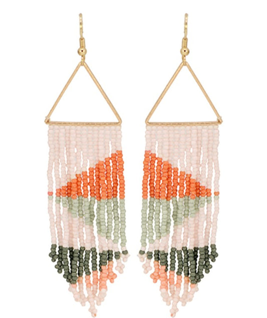 Everly Davis triangle and seed bead dangle earrings with geometric pattern in peach, coral, sage green, and dark gray.