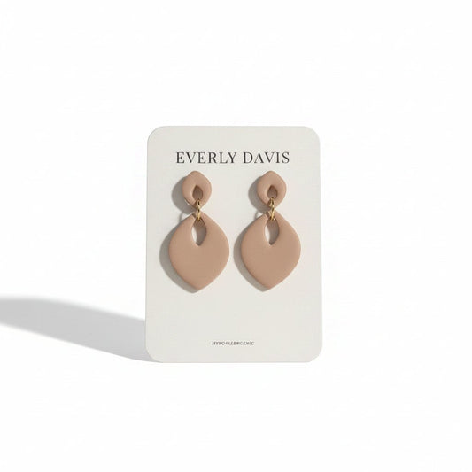 Everly Davis Venni Drops teardrop clay earrings in a neutral beige hue. Lightweight and hypoallergenic.