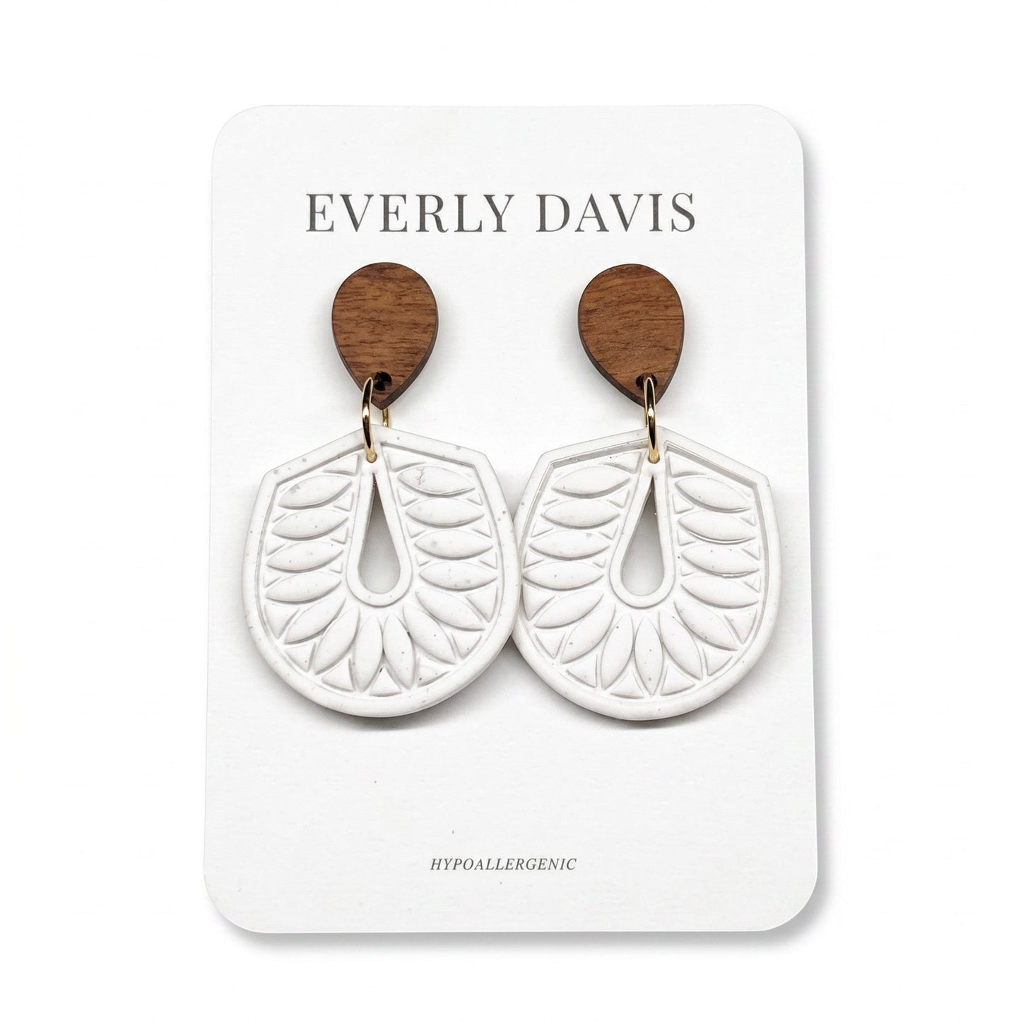 Everly Davis white embossed teardrop dangle earrings with wood accent. Hypoallergenic.