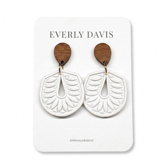Everly Davis white embossed teardrop dangle earrings with wood accent. Hypoallergenic.