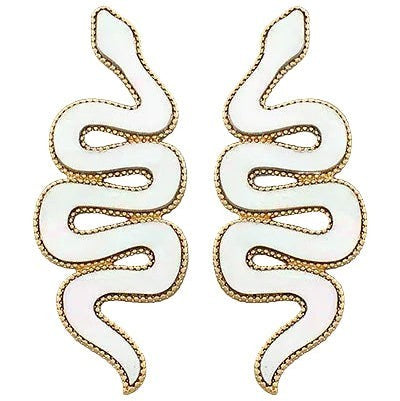 Everly Davis white snake earrings with gold beaded trim, made of shell and metal. Post back, 3"L.