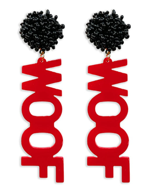 Everly Davis red acrylic WOOF letter earrings with black beaded tops, 3 1/2" long.