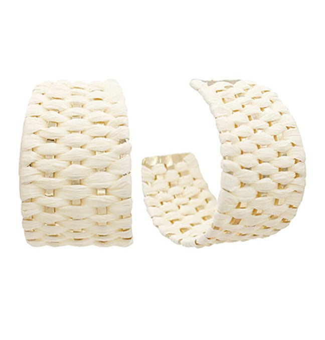 Everly Davis woven raffia wide hoop earrings in cream. Textured, lightweight, hypoallergenic, 1.5 inch.
