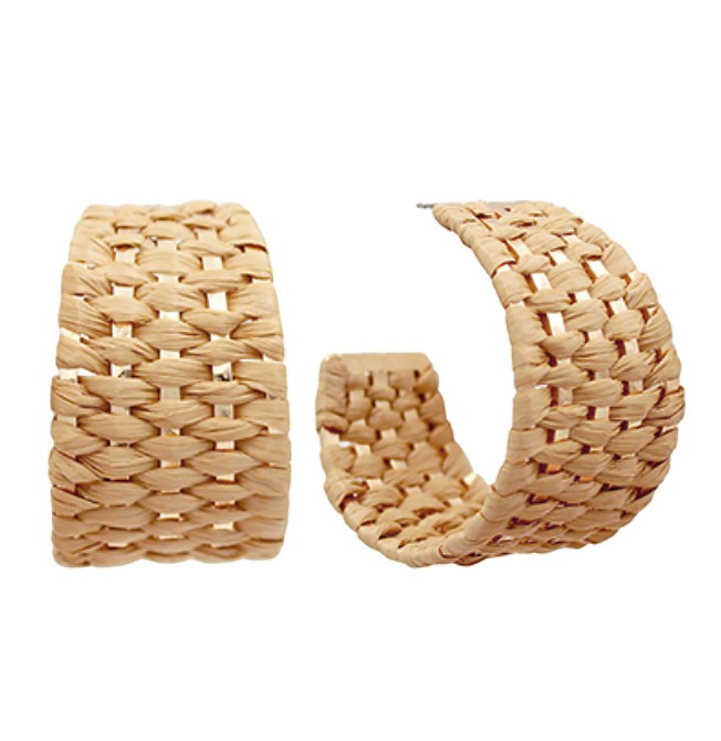 Everly Davis woven raffia wide hoop earrings, natural tan color, 1.5 inch size, secure post backs, hypoallergenic.